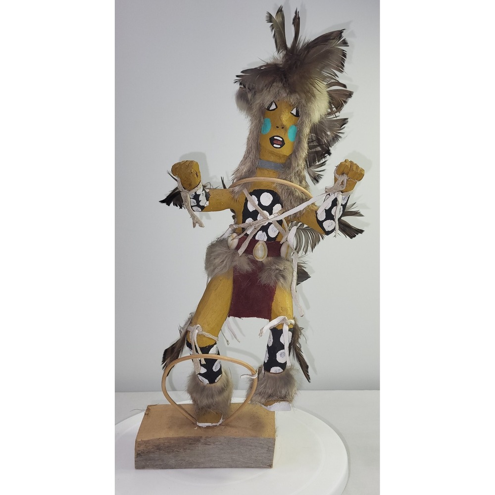 M.D. Nelson Hoop Dancer Kachina Doll Hand Carved Wood Feather Fur 16in Signed